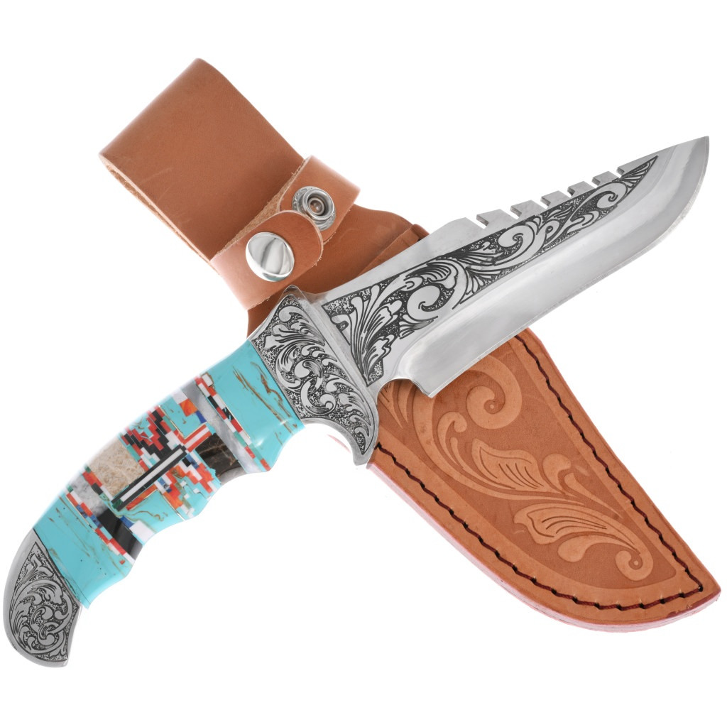 Southwest Steel Knife Tooled Floral Designed with Matching Case