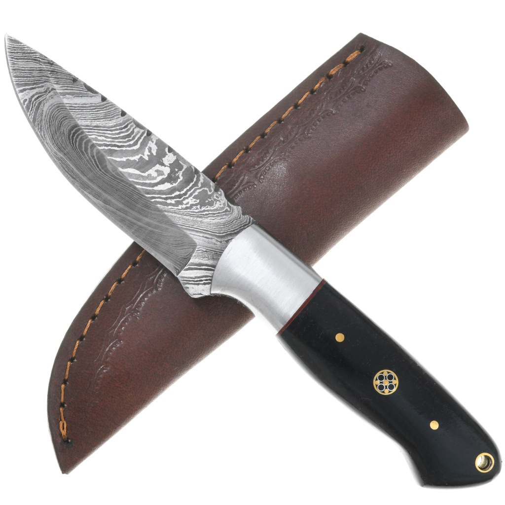 Damascus Steel Tanto Knife With Leather Case Wood Handle