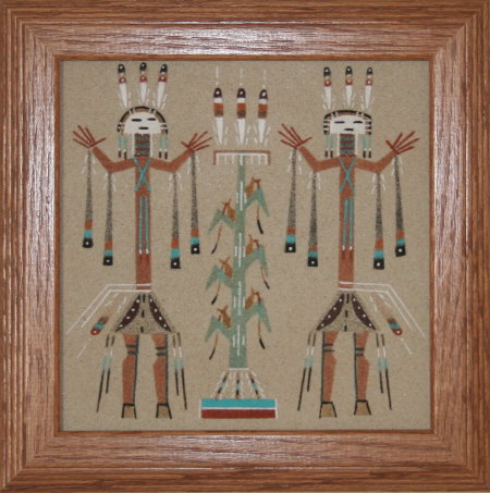 Navajo Cloudy People With Corn Framed Sand Painting