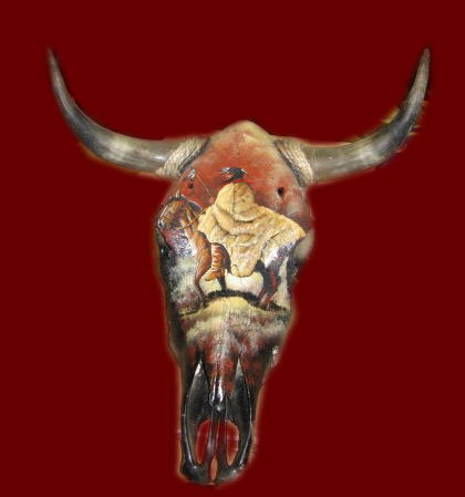 Hand Painted Bull skull with horns Warrior