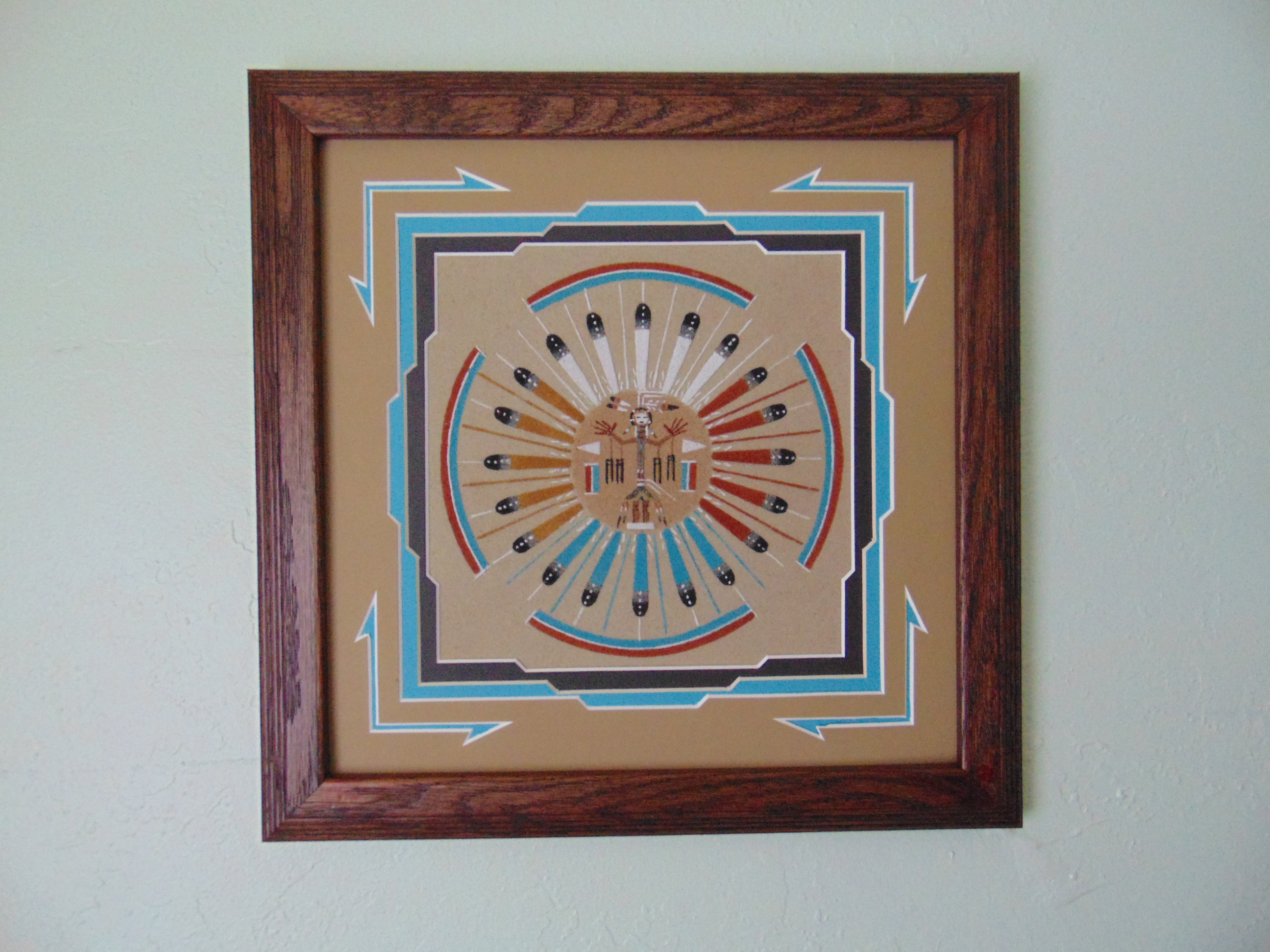 Navajo Framed and Matted Sun and Eagle Sand Painting