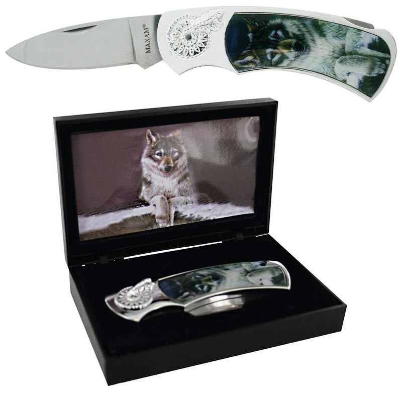 Wolf Inlay Lockback Knife in Display